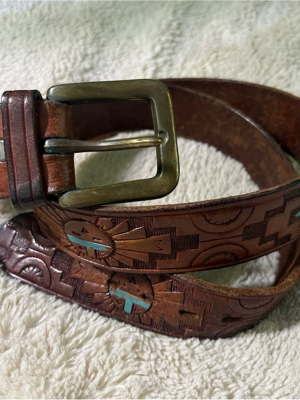 Vintage SunGold  Hand Tooled Leather  Belt with Turquoise Inlay 70’s
